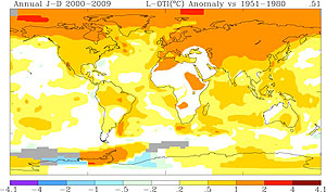 This map, produced by scientists at the Goddard Institute for Space Studies, shows the 10-year average (2000-2009) temperature change relative to the 1951-1980 mean. The largest temperature increases are in the Arctic and the Antarctic Peninsula.