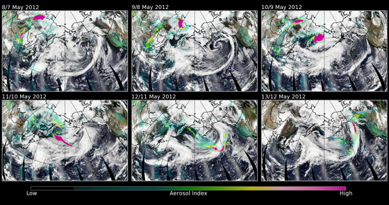 Fires burning in Siberia recently sent smoke across the Pacific Ocean and into the U.S. and Canada. Suomi NPP satellite's Ozone Mapping Profiler Suite tracked aerosols from the fires taking six days to reach America's shores. These false-colored images make the data stand out. The blue and green colors represent less smoke. Yellows and pink represent more smoke. Smoke density is identified by the level of transparency in the coloration. The less dense the smoke is the more you can see through it, and the more dense it is, the less you can see through it. Credit: NASA/Suomi NPP/Colin Seftor.