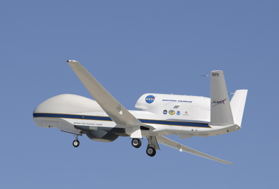 NASA's Global Hawk soars aloft from Edwards Air Force Base, Calif. The NASA Global Hawk is well-suited for hurricane investigations because it can over-fly hurricanes at altitudes greater than 60,000 feet with flight durations of up to 28 hours - something piloted aircraft would find nearly impossible to do. Credit: NASA/Tony Landis