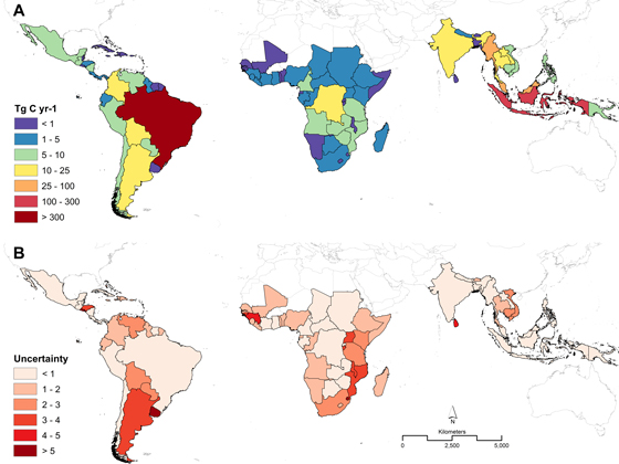 Relative ordering of (a) deforestation emissions between 2000 and 2005; and (b) uncertainty in emissions estimates by country. Credit: Winrock International