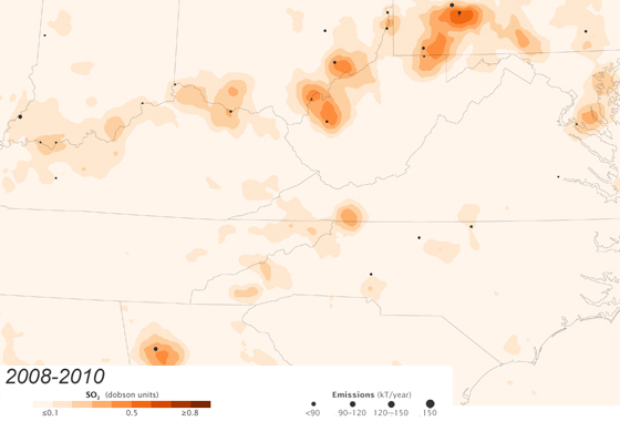 These maps show average sulfur dioxide levels measured by the Aura satellite for the periods 2005-2007 (top) and 2008-2010 (bottom) over a portion of the eastern United States. The black dots represent the locations of many of the nation's top sulfur dioxide emissions sources. Larger dots indicate greater emissions. (Credit: NASA's Earth Observatory)