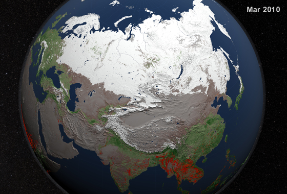 While much of the continent remained covered in snow, spring brought widespread agricultural burning to southeastern Asia in March of 2010. The brightest fires, as observed by the MODIS instrument, are shown in orange and yellow. (Credit: NASA)