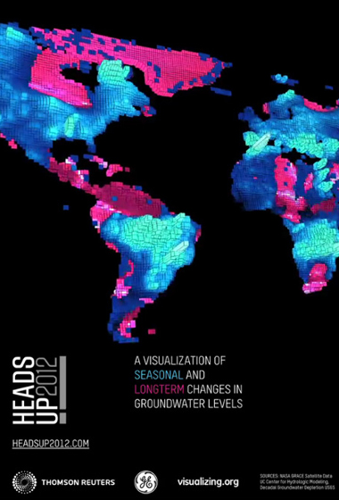 A new visualization of global groundwater depletion created using data from NASA's GRACE mission has premiered on New York’s Times Square to mark World Water Day 2012. Credit: NASA/JPL-Caltech/UC Irvine/USGS/Richard Vijgen/Peggy Weil/Heads Up! 2012