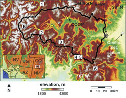 The headwaters of the Rio Grande upriver of the Del Norte gauging station.  Intensive study areas are numbered 1-6.  SNOTEL sites are denoted by white squares and National Weather Service Cooperative Observer meteorological stations are denoted by yellow diamonds.