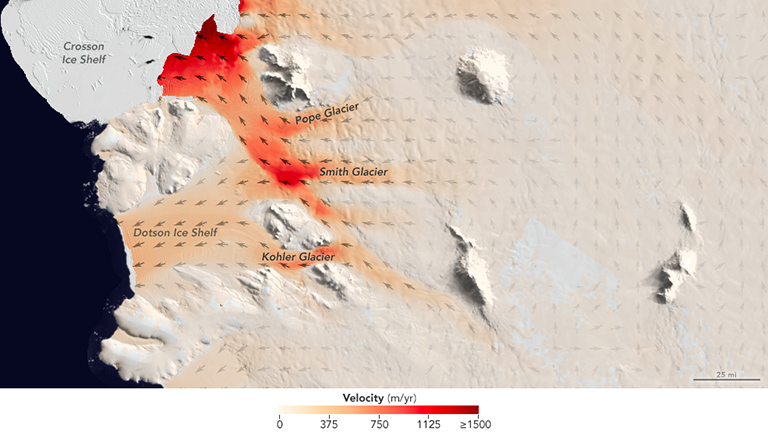 Flow speeds of Pope, Smith and Kohler glaciers.