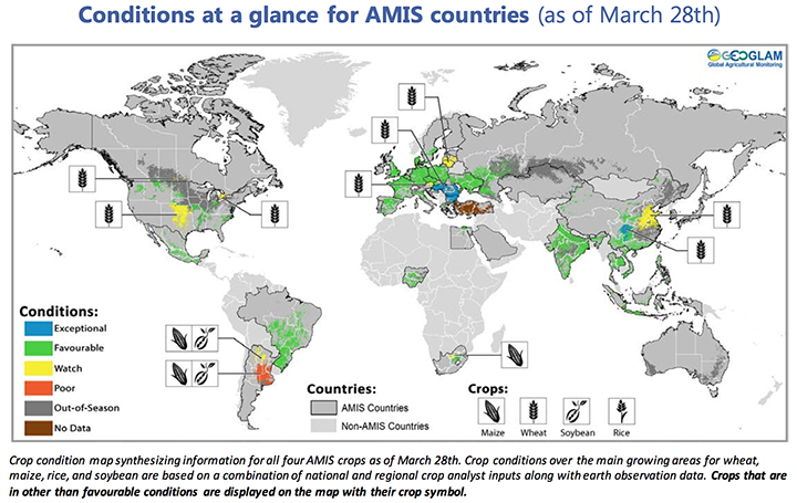 Crop conditions world map for wheat, maize, rice, and soybeans, with blue areas being "exceptional" (such as parts of eastern Europe and China) and orange areas being "poor" (such as part of Argentina).