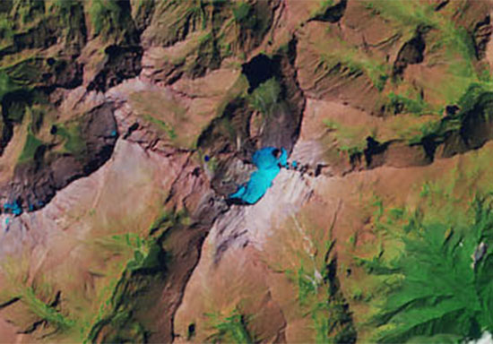 The blue of Humboldt Glacier stands out against the mountains of Venezuela.