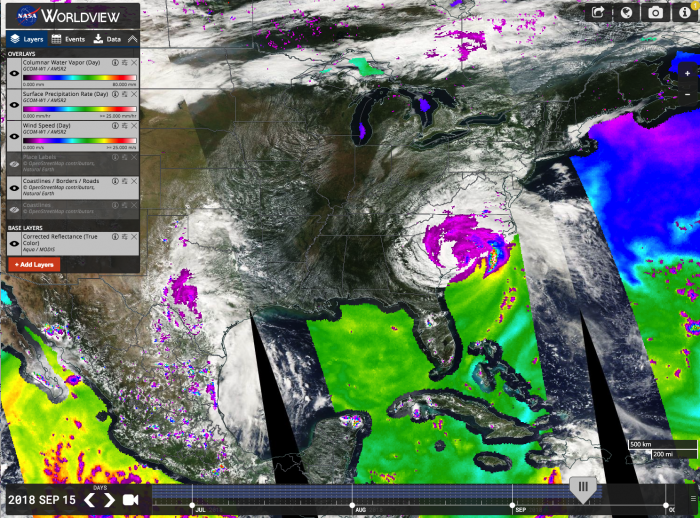 LANCE imagery of water vapor, precipitation, and wind speed in Hurricane Florence from Sept. 15, 2018, viewed in NASA Worldview.