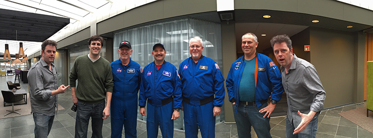 OMG Principal Investigator Josh Willis (far left and far right) "joshing around" with videographer Rob Andreoli, technician Robert "Rocky" Smith, pilot Thomas Parent and radar operators Tim Miller and Ron Muellerschoen.