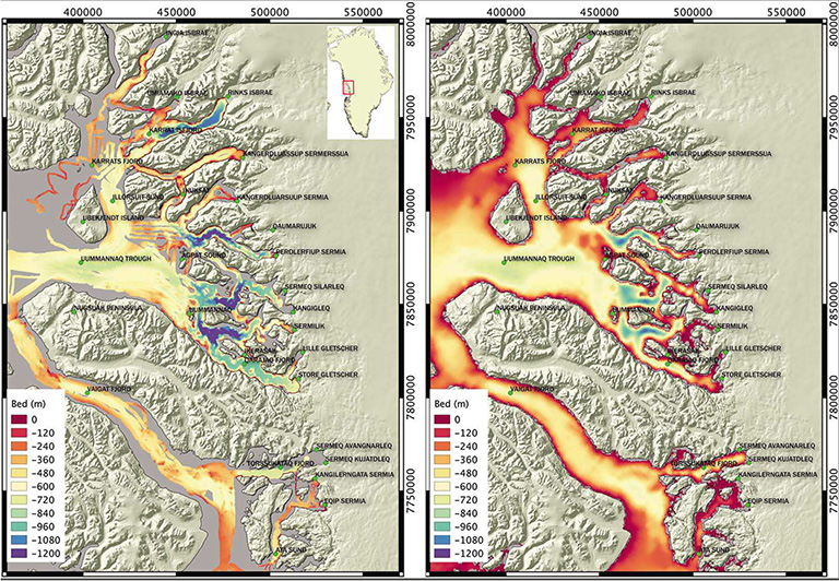 A comparison of the newly compiled map of the Uummannaq fjord area (left) and an older map (right). Red areas indicate shallower depths, blues and purples deeper. Credit: UCI/NASA/JPL-Caltech.