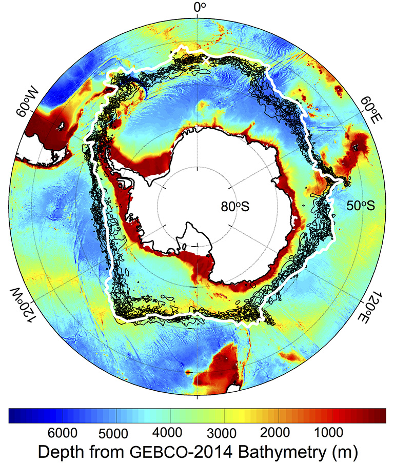 Location of the southern Antarctic Circumpolar Current front (white contour), with -1 degree Celsius sea surface temperature lines (black contours) on Sept. 22 each year from 2002-2009, plotted against a chart of the depth of the Southern Ocean around Antarctica. The white cross is Bouvet Island. Credit: NASA/JPL-Caltech.