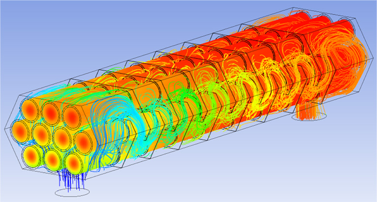 The Element 16 Technologies heat-storage system. Tubes, filled with a sulfur-based fluid, absorb and store heat from hot gas (the exhaust from a gas turbine, for example) flowing through the spaces between them.