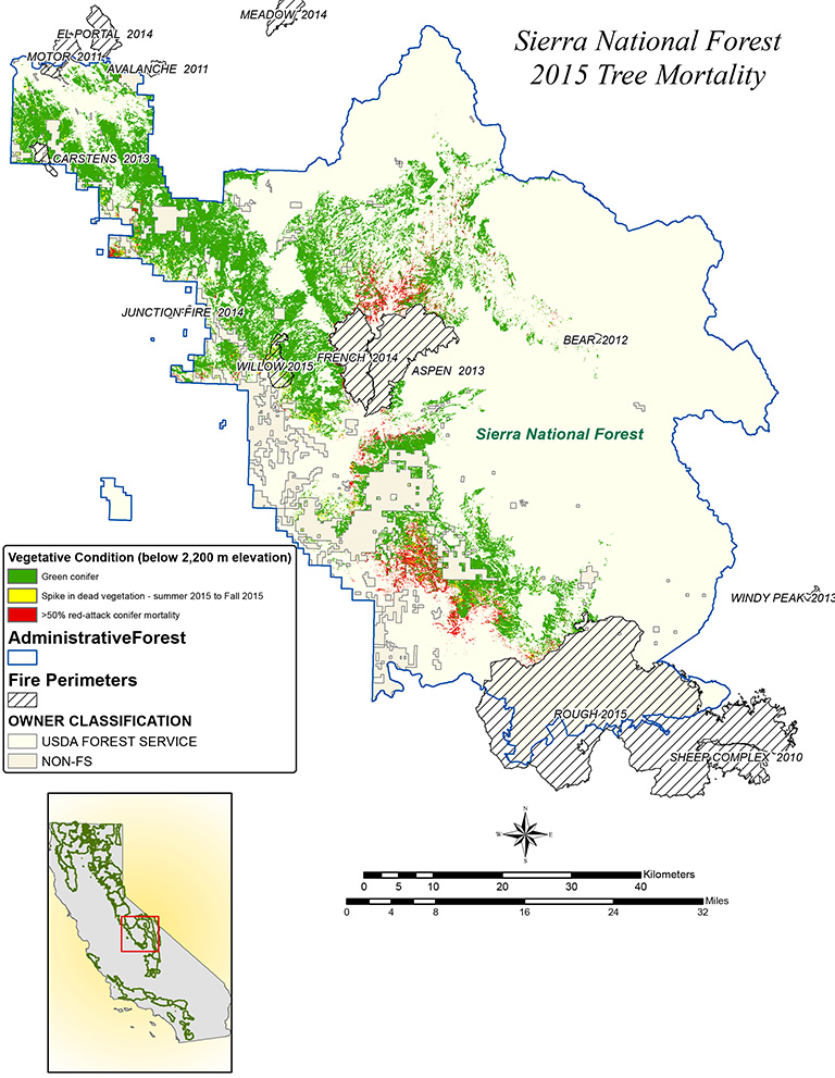 NASA AVIRIS data were used to classify the health of trees in California’s Sierra National Forest. Green conifers are shown as green, conifers that were dead in summer 2015 are red, and conifers that were potentially dead in fall 2015 are yellow. Credit: NASA/JPL-Caltech/USDA Forest Service.