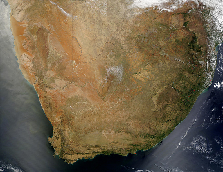 A color map with clouds of South Africa.