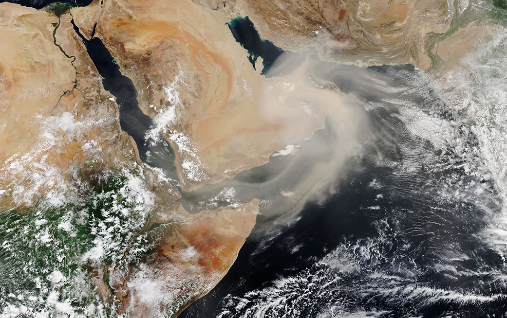Dust swirls over the Arabian Peninsula in this image captured by the Suomi NPP satellite in July 2018. NASA’s upcoming Earth Surface Mineral Dust Source Investigation (EMIT) will help scientists better understand the role of airborne dust in heating and cooling the atmosphere. Credit: NASA Earth Observatory

