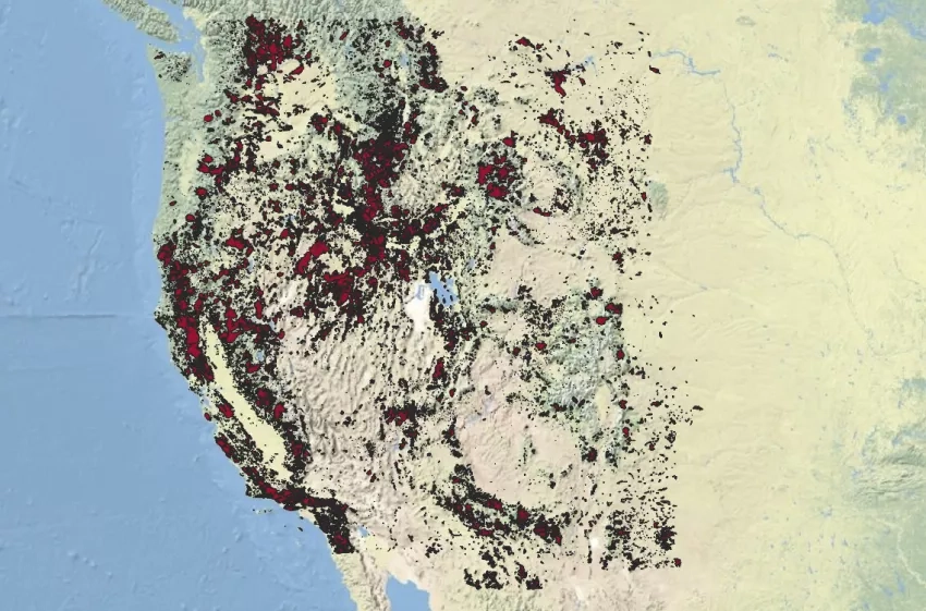 A map of the approximate boundaries of the over 55,000 documented wildland fires in 11 states in the western U.S. since 1950 from the Historical Fire Database (HFD). HFD is comprised of fire information from the U.S. Forest Service, Bureau of Land Management, US Geologic Survey, National Interagency Fire Center, Idaho Department of Lands, and the California Department of Forestry and Fire Protection. Credit: Idaho State University GIS Training and Research Center/Historic Fires Database
