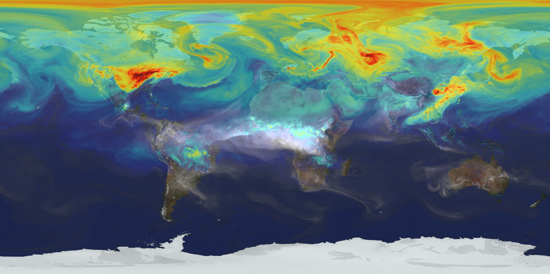 Scientists at NASA’s Goddard Space Flight Center used an ultra-high-resolution NASA computer model to visualize how carbon dioxide in the atmosphere travels around the globe. The image above shows concentrations on January 1, 2006. Credit: NASA Goddard Space Flight Center's Global Modeling and Assimilation Office
