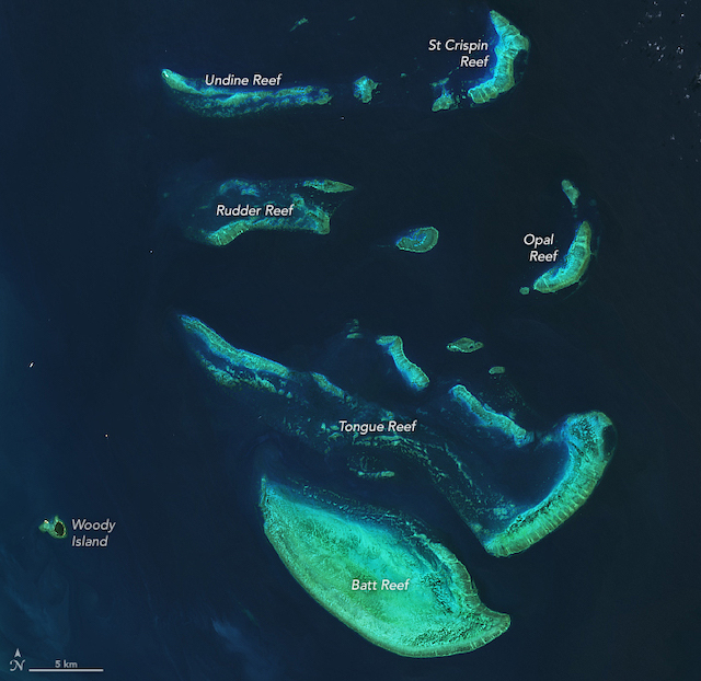 The Landsat 8 satellite’s Operational Land Imager captured this image of coral reefs in the northern Great Barrier Reef, Australia, on August 22, 2020. The Great Barrier Reef is the largest reef system in the world. Satellites provide scientists with important information on the environment around coral reefs, including ocean temperatures and water quality. This helps them understand changes to corals over time. Credit: NASA
