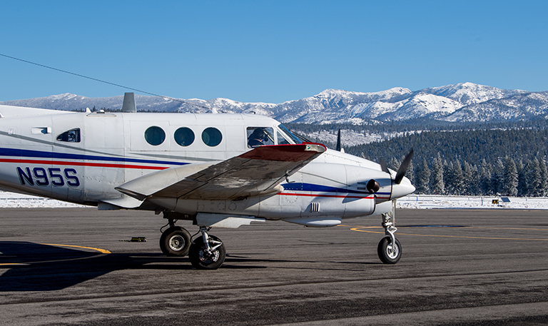 An Airborne Snow Observatories, Inc. plane in Nevada County, California, in December 2021 on its mission to measure nearby mountain snowpack. Credit: California Department of Water Resources/Kelly M. Grow
