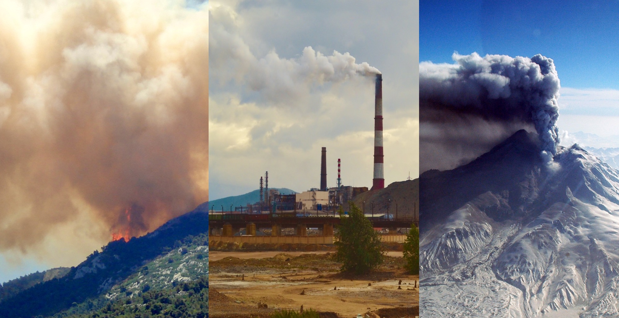 Aerosols are small particles or droplets that float in the air. They are emitted by both natural events and human activities. Some aerosols cool the climate, and others have a warming effect. Image credits, left to right: Saiho/Pixabay, olegkamenskij20120/Pixabay, USGS. Image design: NASA/JPL-Caltech
