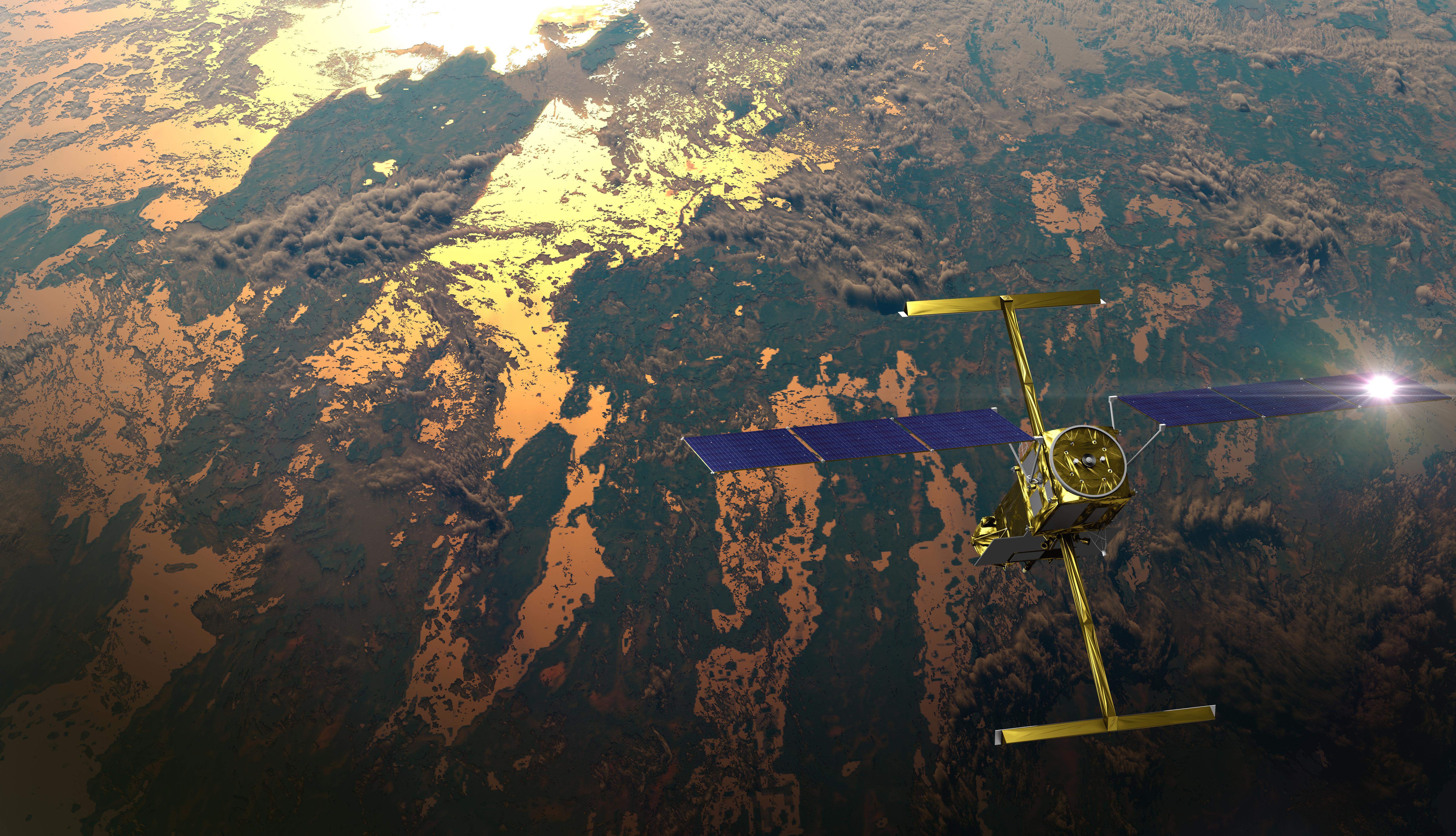 The international Surface Water and Ocean Topography (SWOT) satellite, as shown in this illustration, is the first global mission surveying Earth’s surface water. SWOT’s high-resolution data helps scientists measure how Earth’s bodies of water change over time. Credit: CNES.
