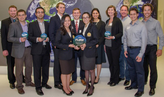 Winners of the 2014 First Look West competition at Caltech. From left to right, they are David Eichhorn and Aliaksandr Zaretski of GrollTex; Mohammad Ghazvini of MuTherm; Bobby Jacobs, Susan Tran, Casey McNeil and Cassandra Hoang of REEcycle; Meera Atreya, Jill Fuss, Steven Yannone, Kareem El Muslemany and Matt Penfold of CinderBio.