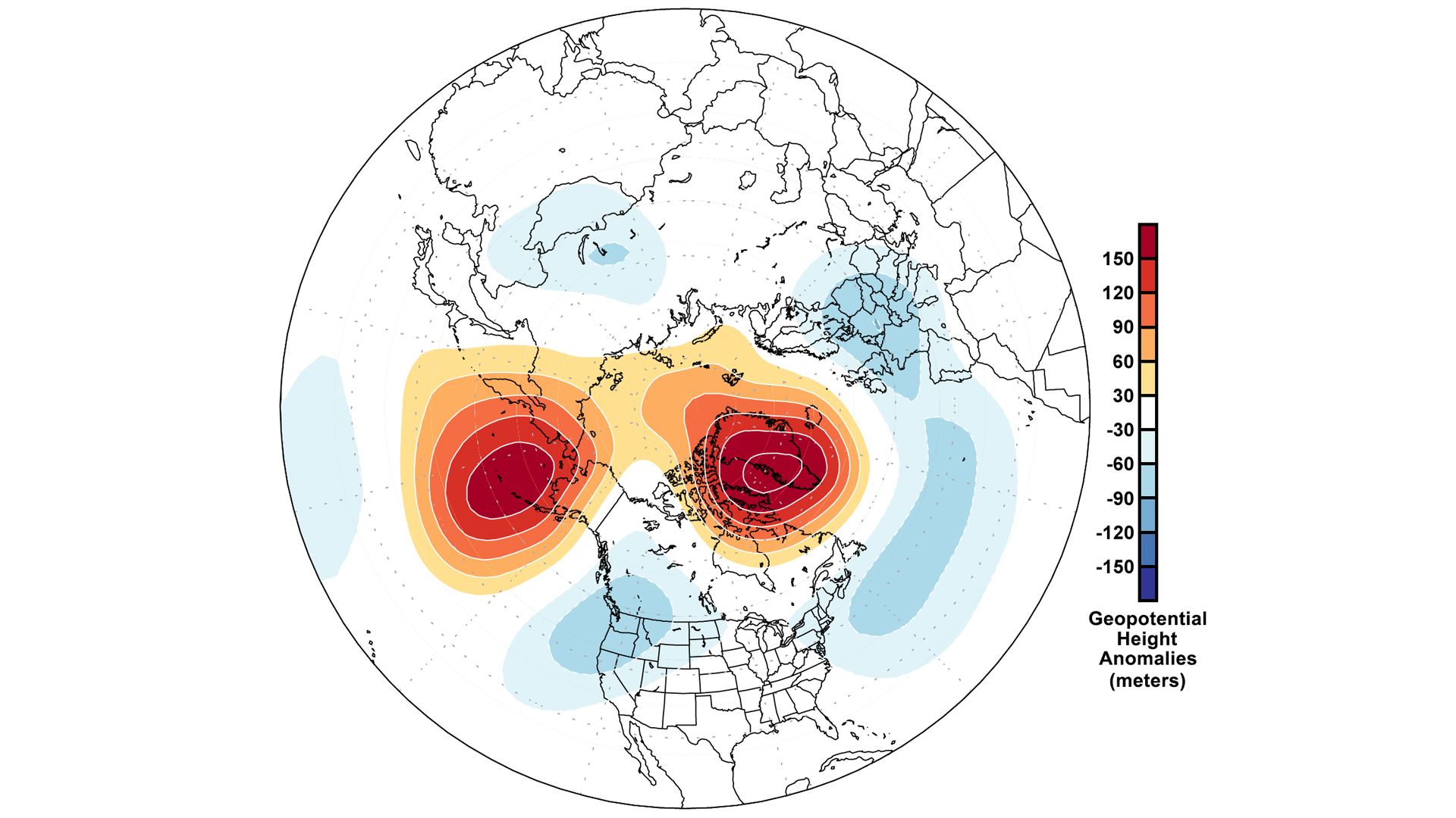 The high- and low-pressure anomaly areas on the map, shown in red/orange (high) and blue (low), are typical of the combined negative phases of the Arctic Oscillation and the Pacific/North American teleconnection. The low-pressure system northwest of California directs atmospheric rivers toward the Sierra Nevada, and the high-pressure systems at higher latitudes prevent the low from drifting northward away from California. Image credit: Bin Guan, NASA/JPL-Caltech and UCLA.