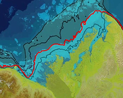 NASA MODIS movie from June 14, 2012, shows a blue band of sea ice stuck to the Mackenzie River shoreline. The map fades, revealing the seafloor depth below. The band of stuck sea ice closely follows the highlighted 25-meter-depth contour line. The seafloor topography helps delay river discharge. Image Credit: NASA/International Bathymetric Chart of the Arctic Ocean