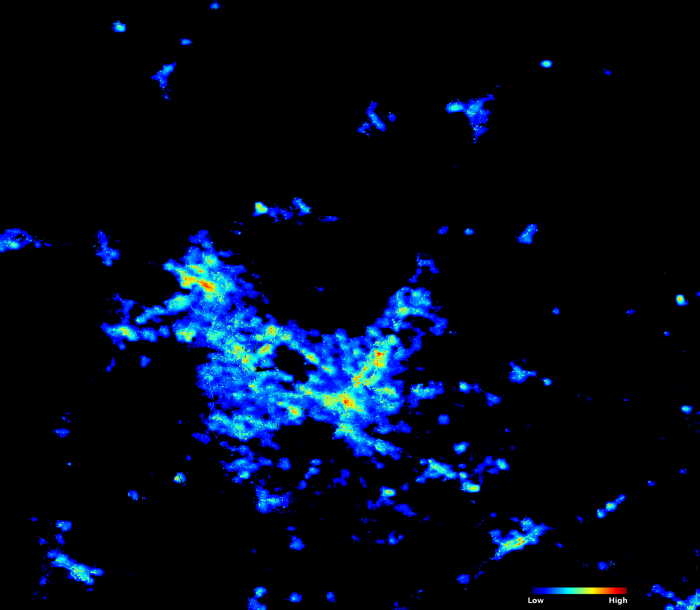 This pre-Florence image in Raleigh and Durham, North Carolina, is based on composite Black Marble images gathered between August 10 and Sep 11, 2018. The image shows areas in high-light condition in red, while areas in low-light condition are in black. The Black Marble Level 3 and HD data are continuously being produced and delivered for the latest day available. 